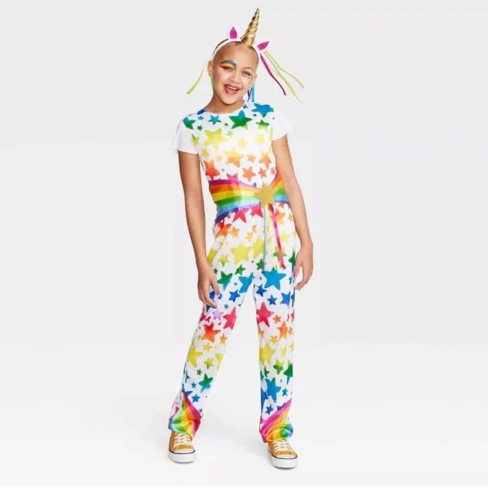 Kids Rainbow Stars Unicorn Costume Jumpsuit Headband 10-12 Large